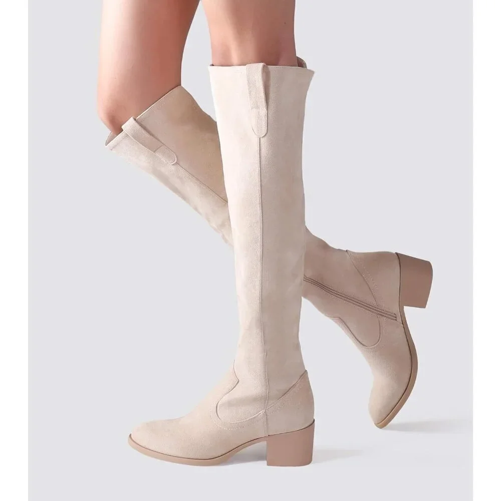 🆕Women's Beige Faux Suede Over The Knee Thigh High Chunky Heel Pointed Toe Boot